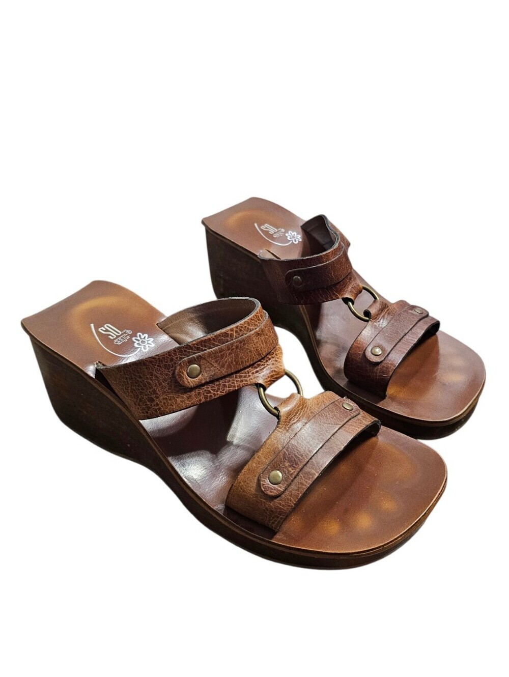 Y2k SO GSJC Brown Leather Strap open toe Wood Wedge chunky sandals